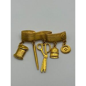 Vintage JJ Jonette Sewing Theme Brooch Gold Tone Scissors Button Charm Dangle